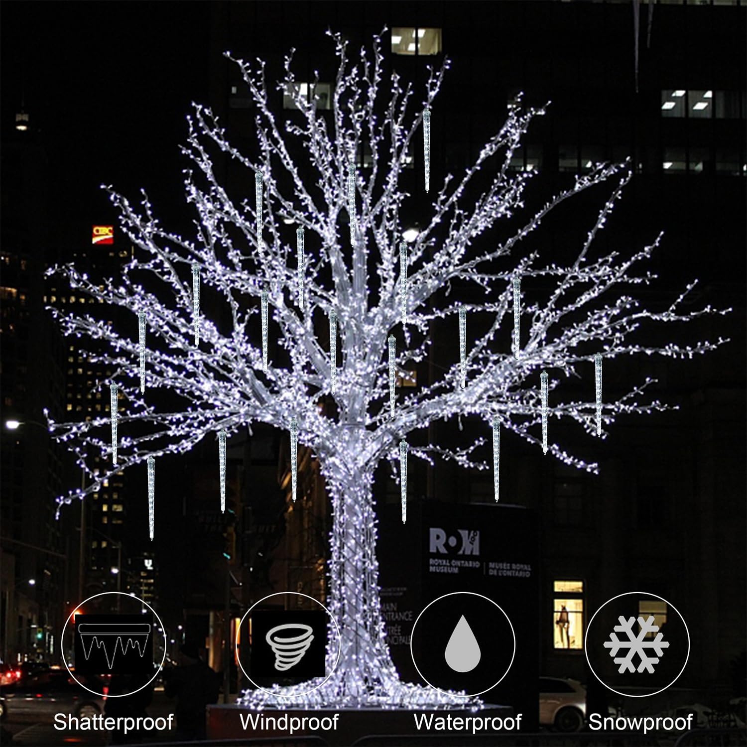 WATERGLIDE 16 Icicles Meteor Shower Lights - 12" Connectable Outdoor Christmas Lights | 384 SMD LED White Decor