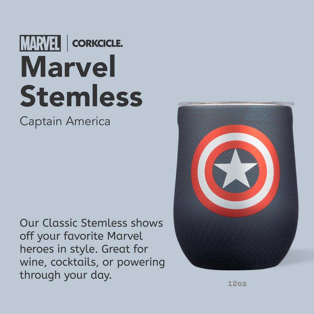 Corkcicle Stemless Insulated Wine Glass Tumbler - Keeps Beverages Cold 6 Hours & Hot 3 Hours - Stainless Steel - Easy-Grip - Summer Drinkware Gift - Keeps Drinks Ice Cold - 12 oz - Captain America