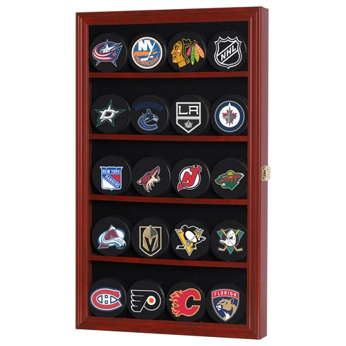 20 Hockey Puck Display Case Cabinet Holder Wall Rack 98% UV Protection Also Fits Pucks in Square Plastic Case (Mahogany Finish)