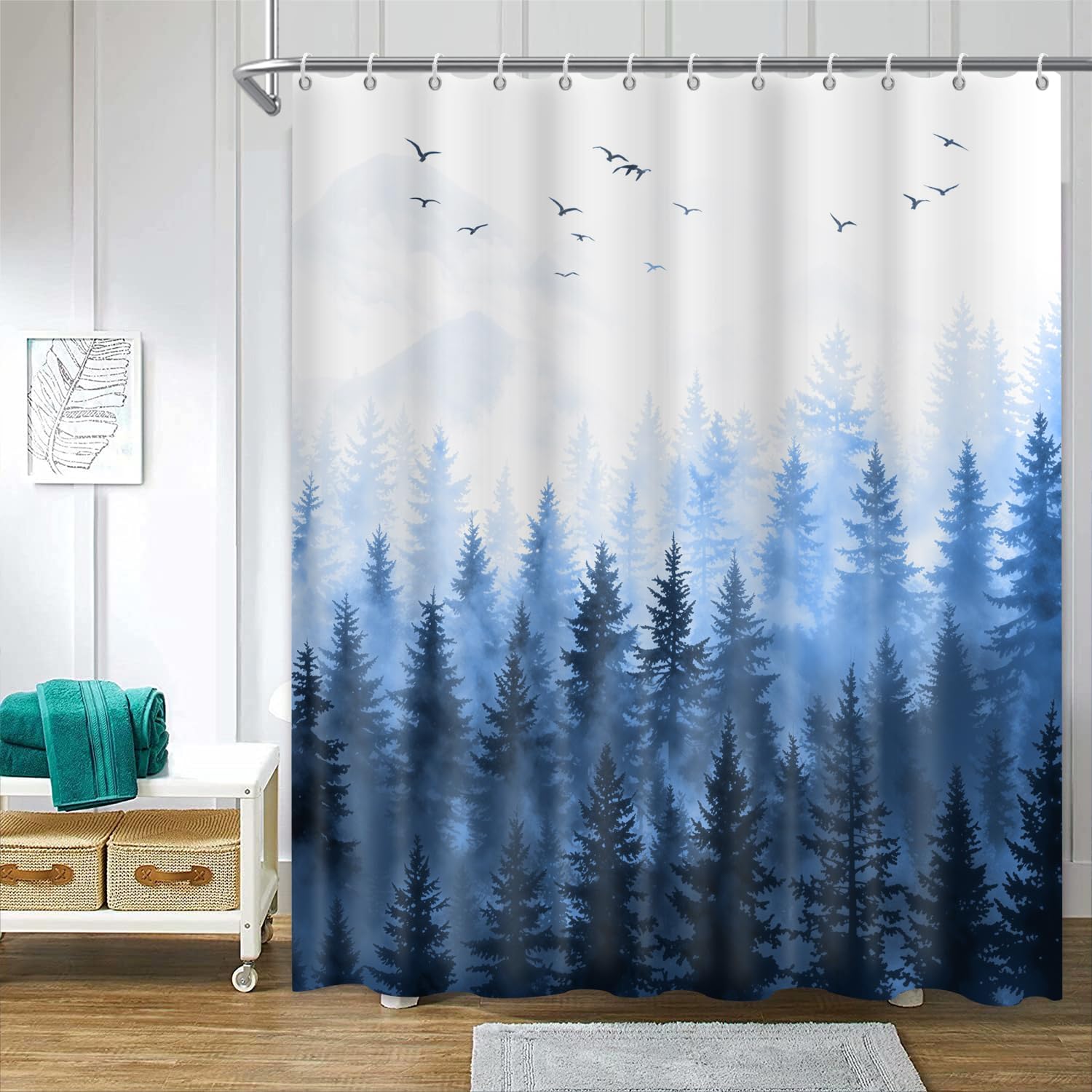 ChloropLastid Mountain Forest Shower Curtain Nature Blue Woodland Foggy Tree Mountain Waterproof Fabric Bath Curtain Decorative Pine Tree Fog Magic Bath Curtains for Home 72x72 inch