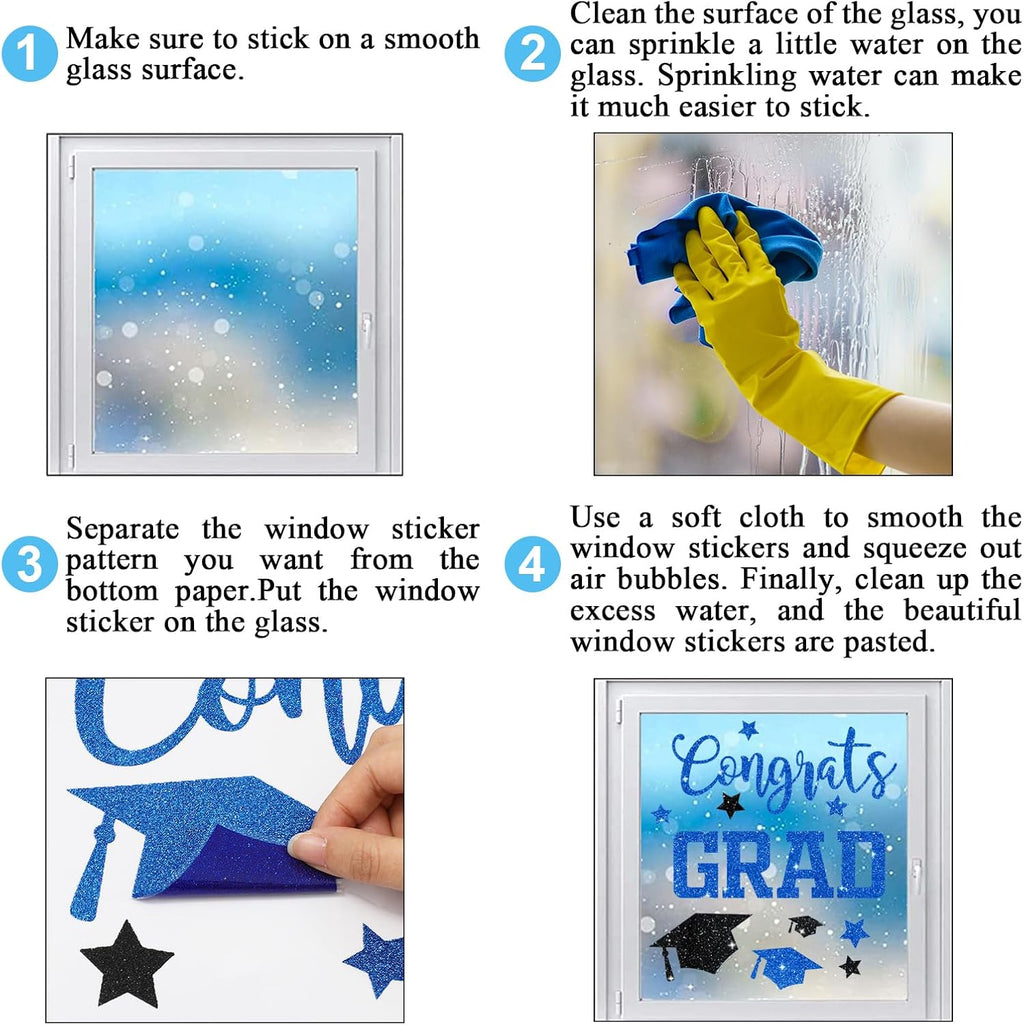 Whaline Glitter Graduation Window Clings - Reusable Blue & Black Decor for Home & School Celebrations