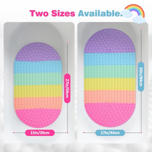 Joiyota Push Pop Bubble Bath Mat for Kids,Rainbow Large Non-Slip Silicone Tub Mat with Strong Suction Cups for Toddler,33x17.3 Inch Waterproof Shower Mat for Bathtub, Sensory Bath Pad with Drain Holes