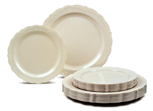 " OCCASIONS " 120 Plates Pack,(60 Guests) Vintage Wedding Party Disposable Plastic Plates Set -60 x 10'' Dinner + 60 x 7.5'' Salad/Dessert (Verona Plain Ivory)
