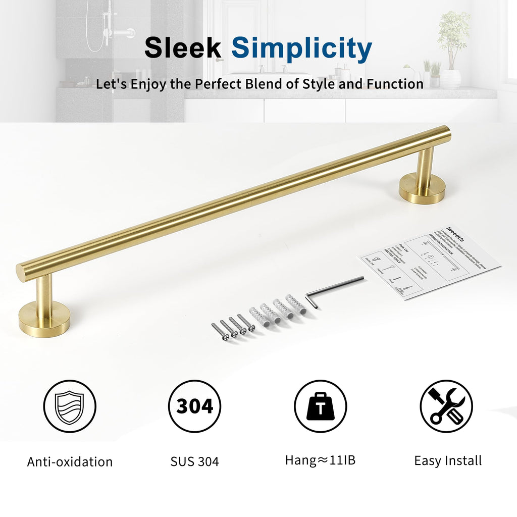 Brushed Gold Towel Bar, 18 Inch Towel Racks for Bathroom Wall Mounted, Thicken SUS304 Stainless Steel Heavy Duty Hand Towel Holder Organizer, Bathroom Accessories, Total Length 20.5 Inch