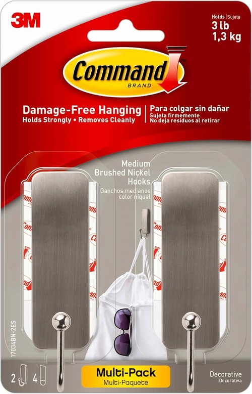Command Medium Brushed Nickel Wall Hook - Damage-Free Hanging for Home Decor | 2 Coat Hooks & 4 Adhesive Strips, Holds Up to 3 lb