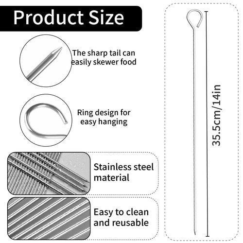 Stainless Steel Skewers for Grilling: 12pcs Reusable Kabob Sticks Round BBQ Skewers for Chicken Meat Shrimp Vegetables
