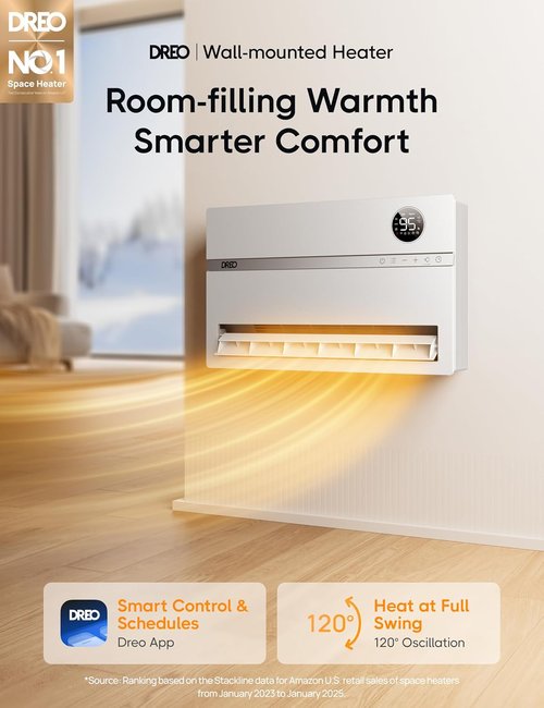 Dreo Smart Wall Heater - 1500W Electric Space Heater with 120° Oscillation & Remote Control | Easy-Mount Indoor Use