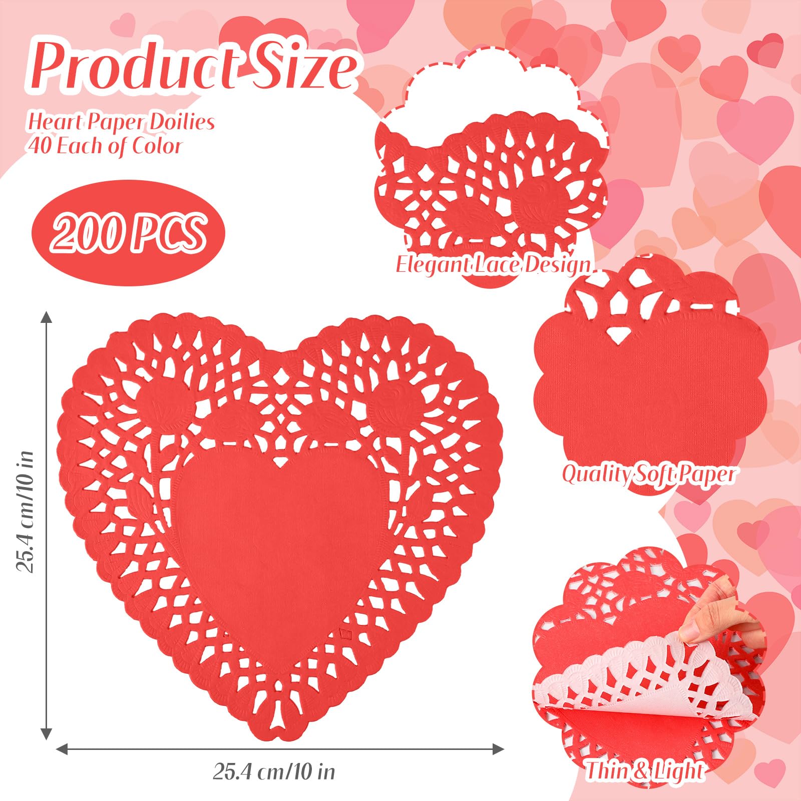 Potchen 200 Pcs 10 Inches Valentine's Day Heart Shaped Doilies Large Lace Paper Doilies Tableware Decoration Disposable Paper Placemats for Wedding Birthday Cake Dessert Kitchen Table Crafts 5 Colors