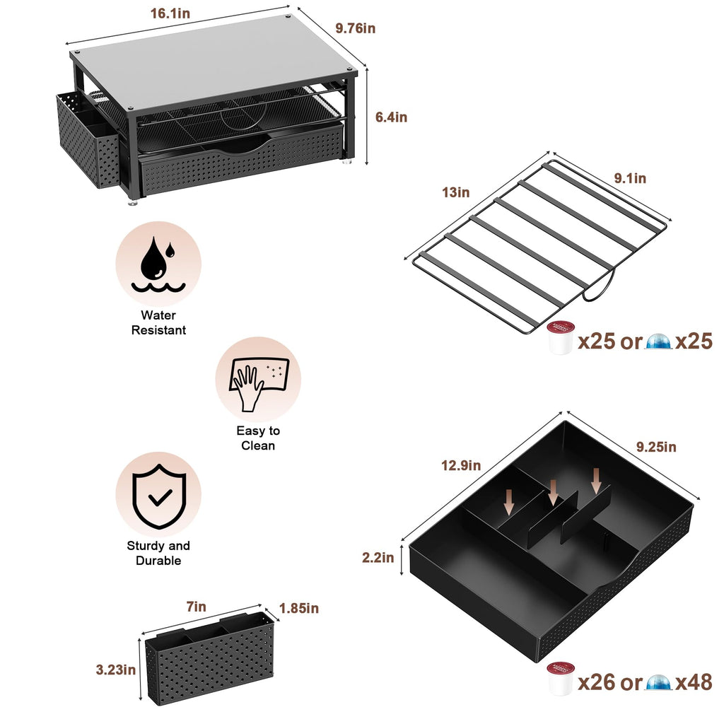 K Cup Holder, Coffee Pod Holder with 2 Tier Sliding Storage Drawer and 1 Hanging Basket for 51 Large or 73 Small Capsule,K Cup Coffee Station Organizer Accessories for Counter,Home,Office,Kitchen