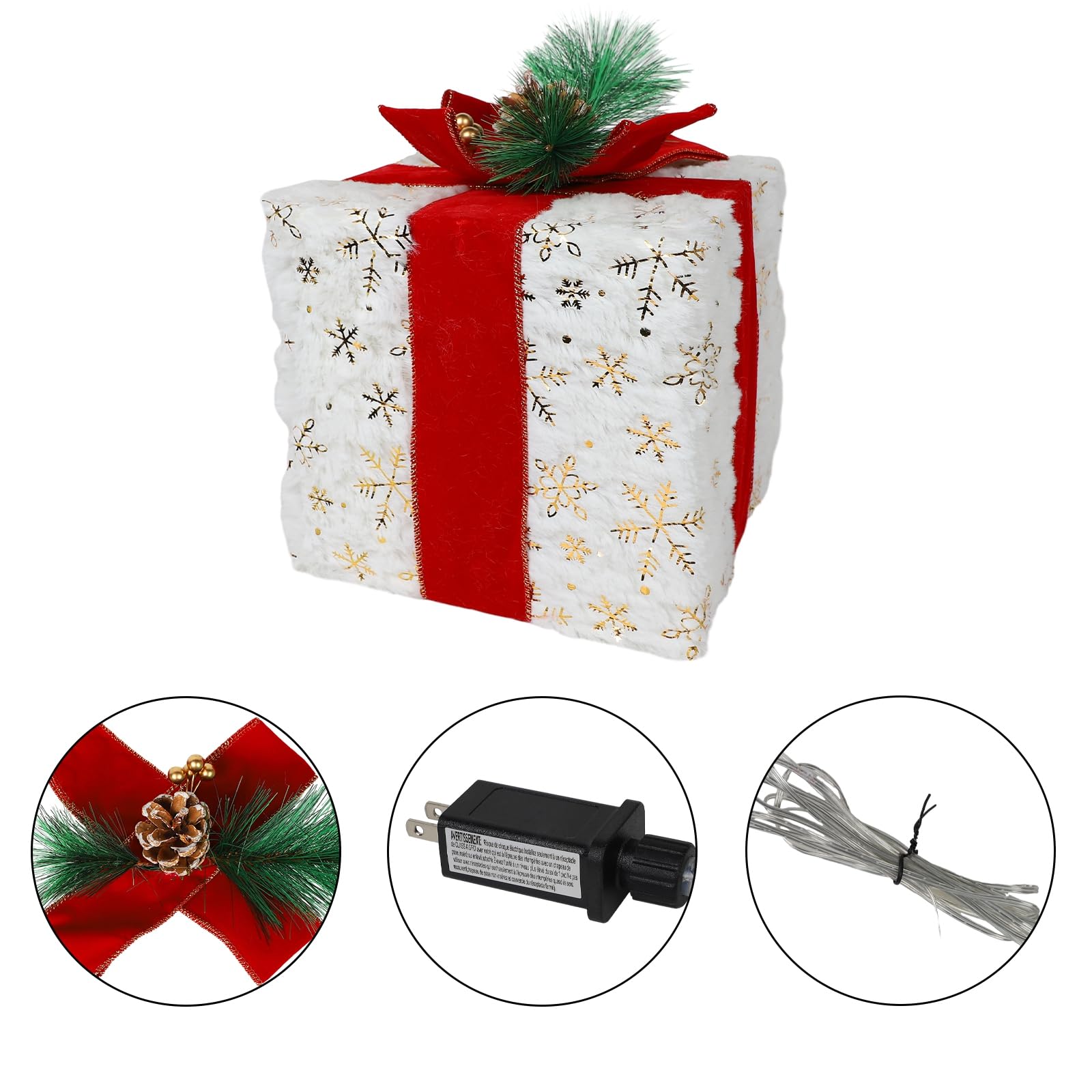 MorTime Christmas Lighted Boxes with Bows, Set of 3 Plush Gift Boxes with Gold Snowflake Pinecone Berry, Present Boxes with 60 LEDs for Christmas Decorations