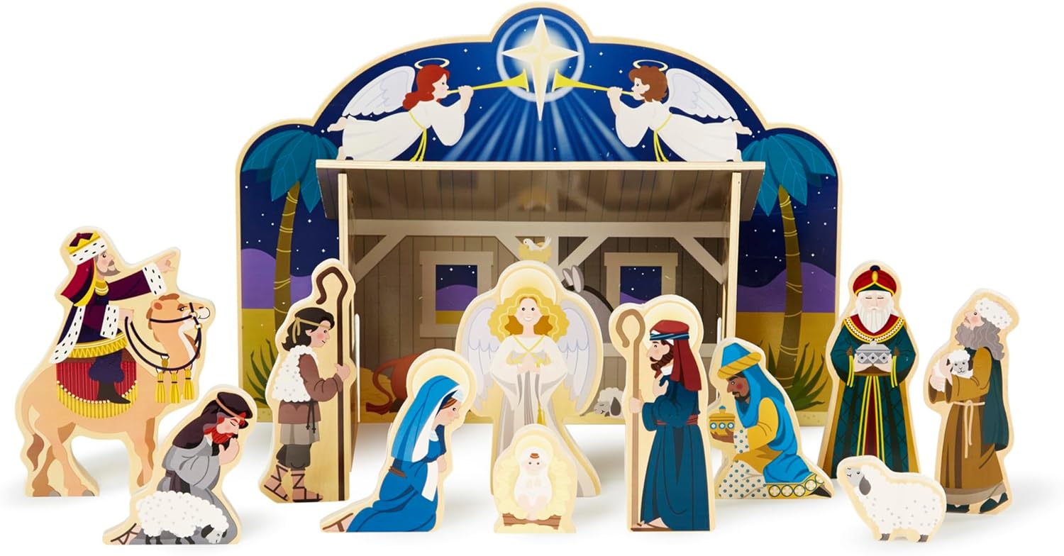 Melissa & Doug Classic Wooden Nativity Set - 11 Figures with 4-Piece Stable for Holiday Decor