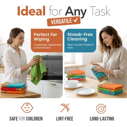 TEXAS LINEN CO. Kitchen Dish Towels, 100% Cotton Salsa Towels, Set of 24 (16x28 Inches), Multi Purpose Cooking Drying Restaurant Bar Cleaning Cloth Napkin, Highly Absorbent, Lint Free, Multi-Color