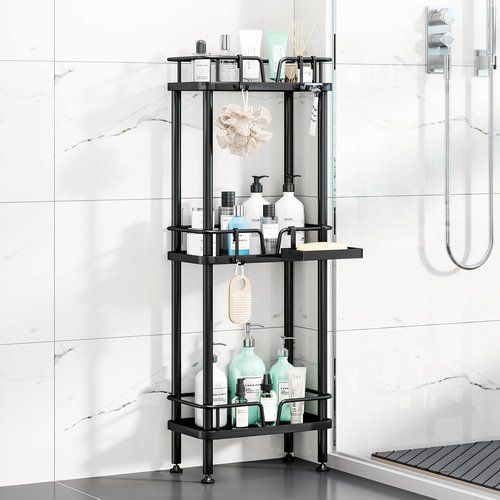 HapiRm Corner Shower Caddy - 3-Tier Rustproof Stainless Steel Organizer with Soap Holder & 4 Hooks | Black