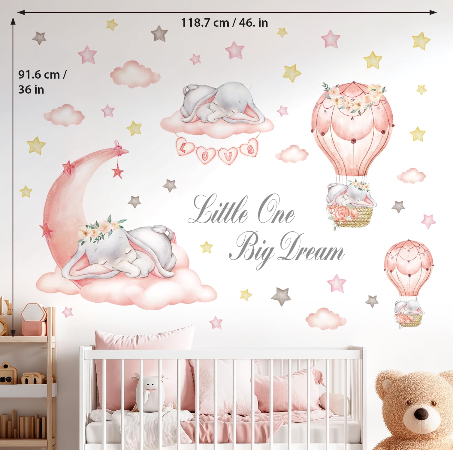 DECOWALL Dream Big Little One Wall Decals – Elephant Moon and Stars Nursery Wall Stickers, Peel and Stick Removable Baby Girl Room Decor for Kids Bedroom (SG-2203)