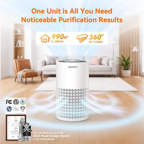 AIRROMI Air Purifier - 3-in-1 HEPA Filter for Pets & Allergies | Covers Up to 990 Ft², Quiet Operation, A2001 White