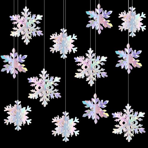Hugtmr Iridescent Holographic Snowflake Garland | 12Pcs 3D Winter Wonderland Decorations for Christmas & Parties