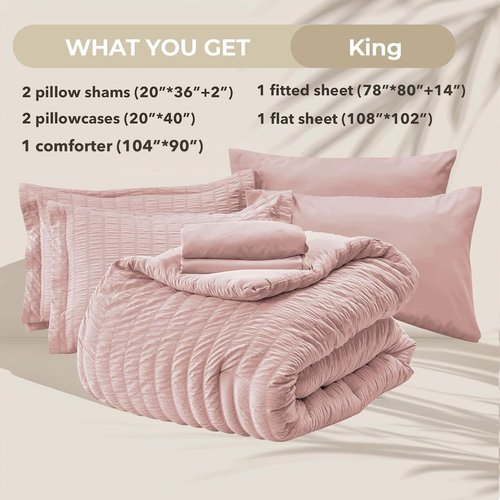 HYMOKEGE King Size Comforter Set - Luxurious Rose Gold Seersucker 7-Piece Bedding Set | All-Season Comfort