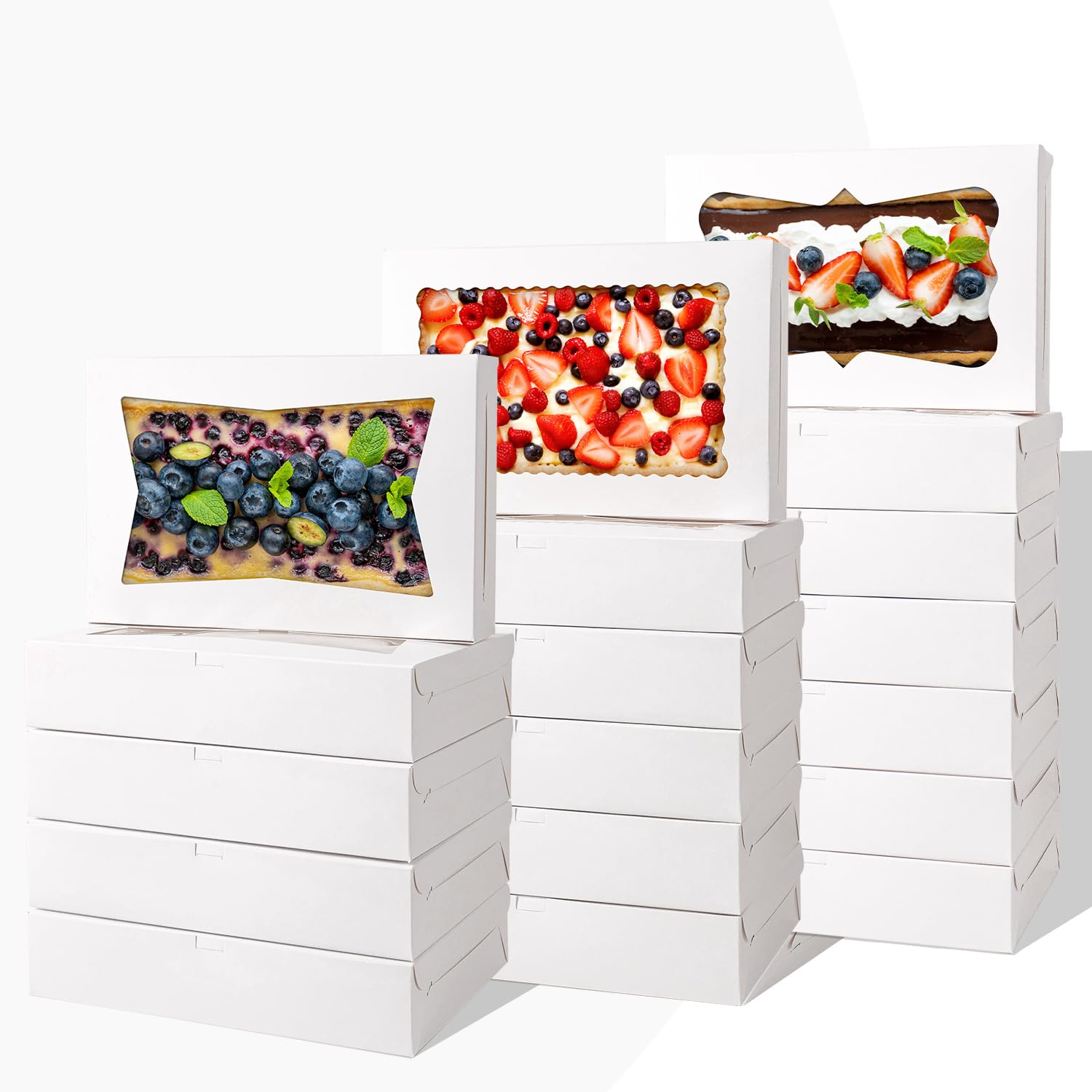 PFAMKEER 12pcs12x8x2.5 Inches Bakery Boxes,Cookie Boxes with 3Style for Window Bread,Treat，Chocolate,Strawberries,Dessert,Cakes,Donuts,Muffins,pastry