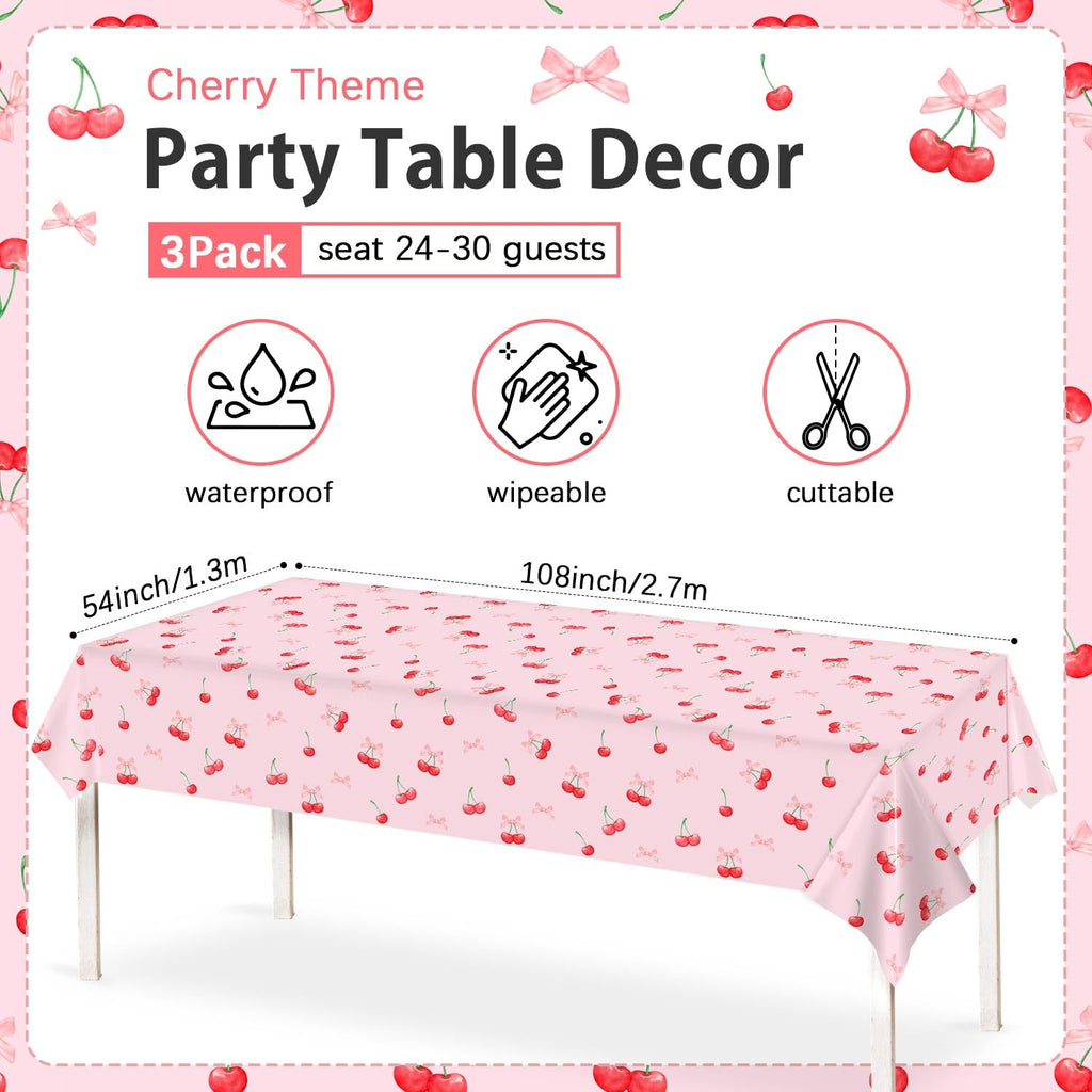 3pcs Cherry Birthday Decorations Tablecloths, Large Size Cherry and Bows Birthday Decorations Table Cloth for Cherries Themed Party, 54 x 108 Inch