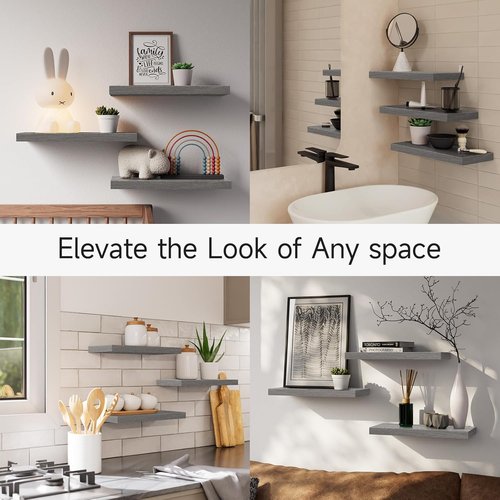 BAYKA Floating Shelves - Rustic Wall-Mounted Wood Shelves for Home Decor | Set of 3, 15.7in, Grey, 22lbs Capacity