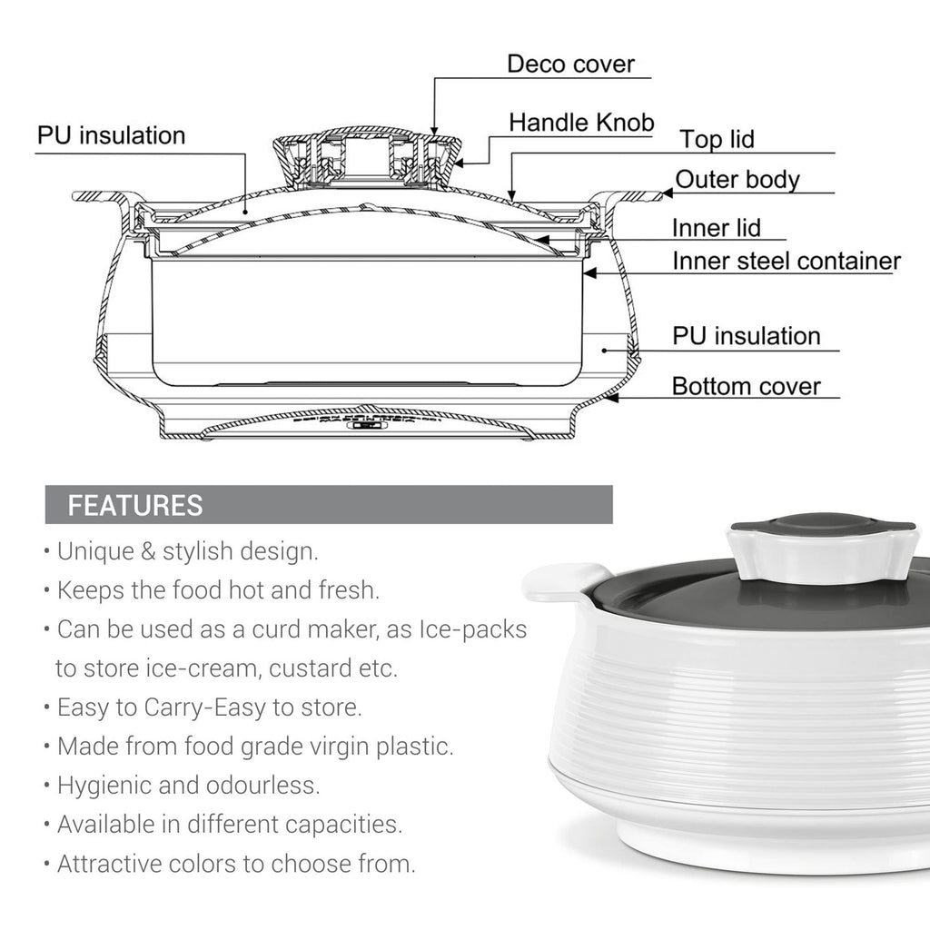 Milton Casserole for Hot Food, Double Walled Insulated Inner Stainless Steel Hot Pot with Lid, Serving box for Food and Roti, Serving Bowl, Set of 3 (Size 62, 45, 28 oz) Venice, Micro White