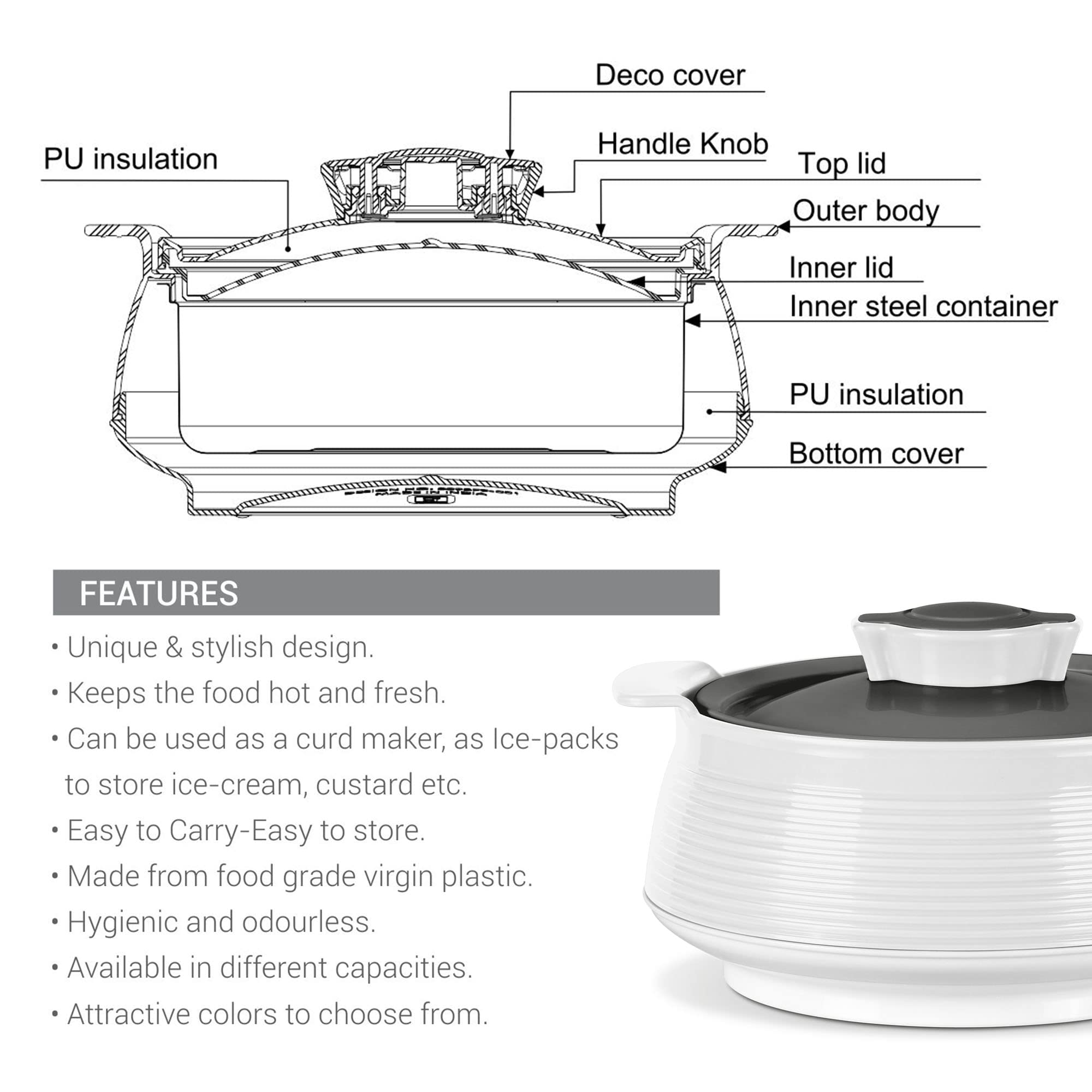 Milton Casserole for Hot Food, Double Walled Insulated Inner Stainless Steel Hot Pot with Lid, Serving box for Food and Roti, Serving Bowl, Set of 3 (Size 62, 45, 28 oz) Venice, Micro White