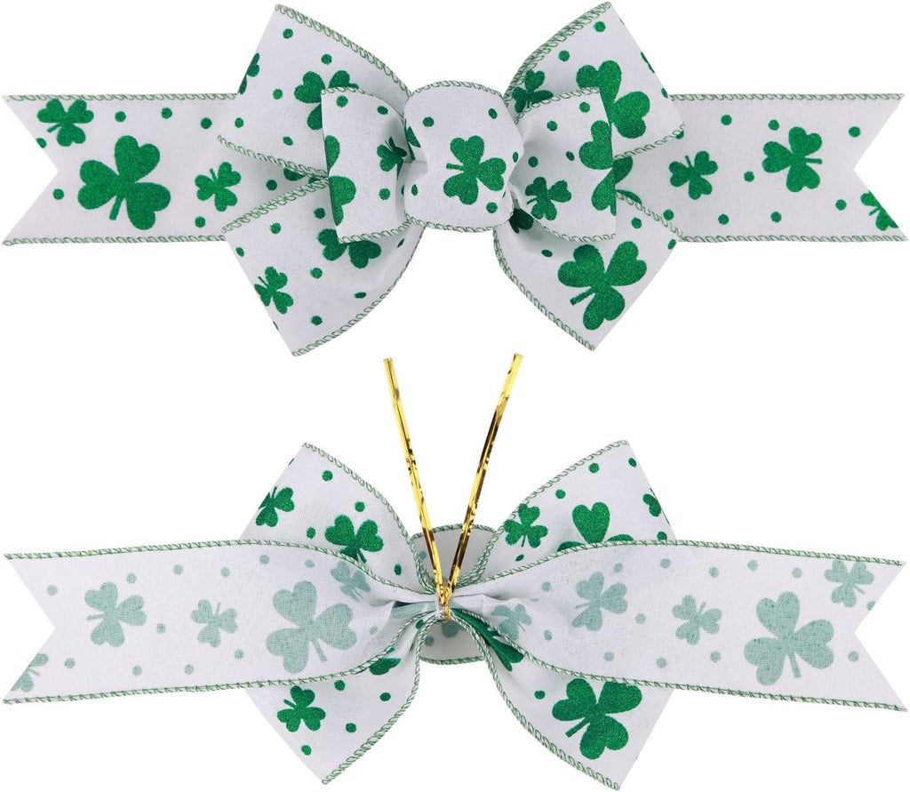 Meseey St. Patrick's Day Bow Wreath Decoration - Reusable Green & White Shamrock Bows for Home Decor | 2 Pcs Set