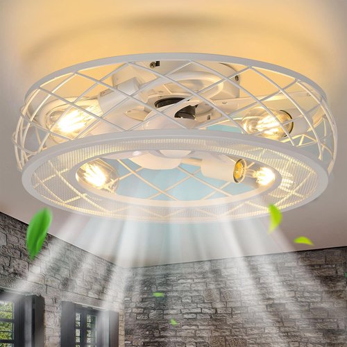 20 Inch White Low Profile Caged Ceiling Fan with Light and Remote, Flush Mount, Noiseless DC Motor, Reversible, 6 Speed with Timer, Rustic Bladeless Cage Design for Bedroom Kitchen Dining Room