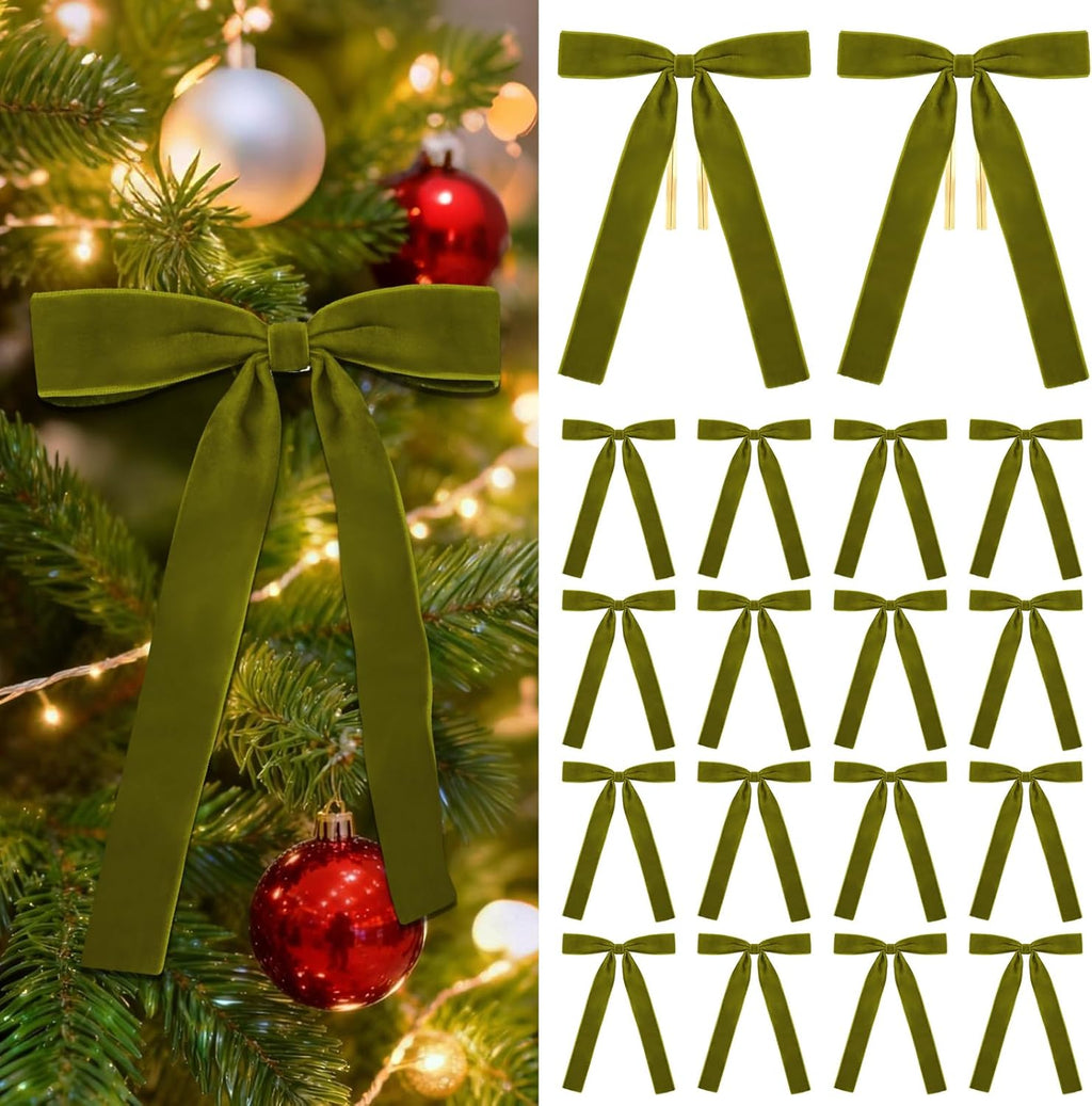 Olive Green Velvet Bows by [Brand Name] - 18Pcs Christmas Tree Decorations | 5x7" Size, 1" Wide