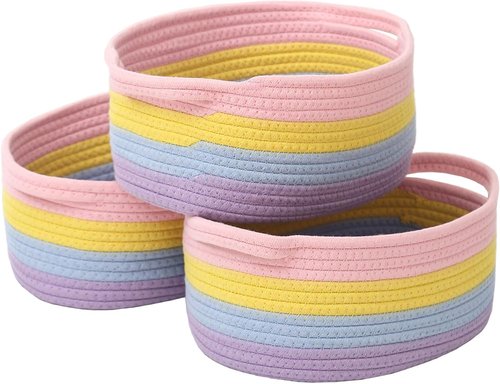 JMvicyroam Woven Storage Baskets - Small Rope Organizer with Handles for Shelves & Closets | 3-Pack Rainbow Gift Baskets