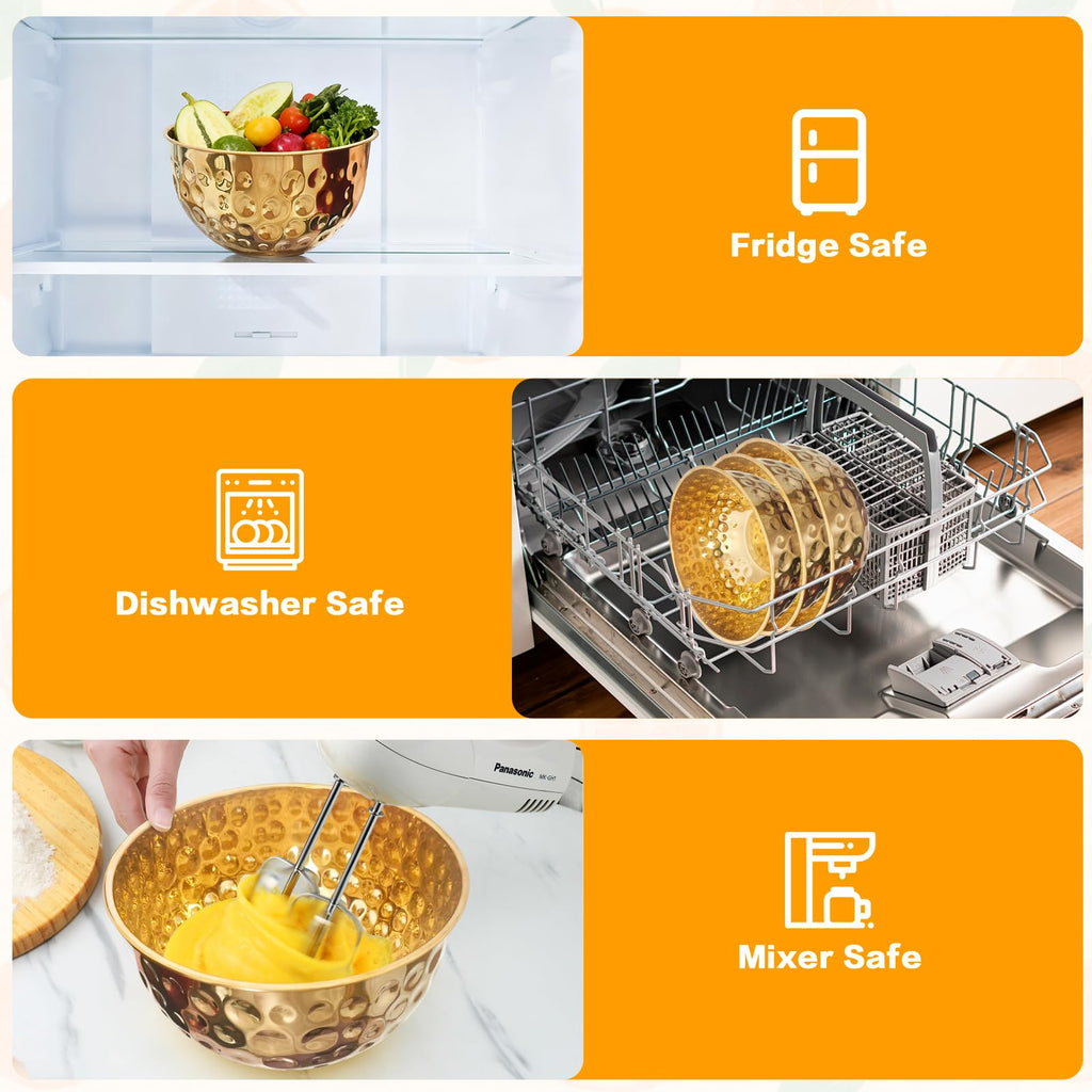 YEJZXY Stainless Steel Mixing Bowls Set, 5PCS Gold Hammered Bowls, 4.9/4.2/3.2/2.1/1.6QT Mixing Bowls for Kitchen, Nesting Design Serving Bowls