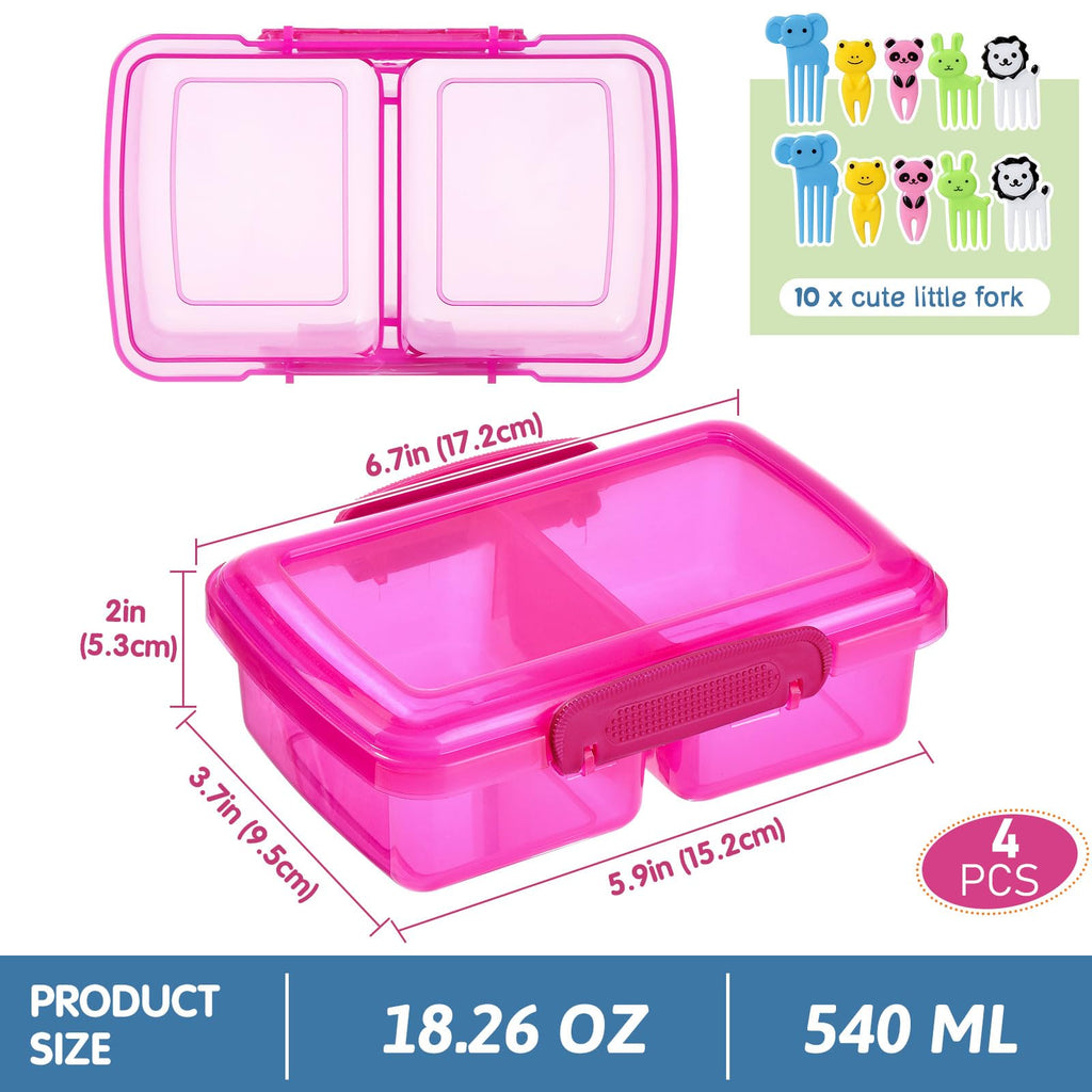 Greentainer 4 Pack Snack Containers with Lids for Kids, 2 Compartment Reusable Bento Lunch Box with Cute Forks, Divided BPA-Free Plastic Food Storage & Meal Prep for School, Travel, Fruits & Snacks