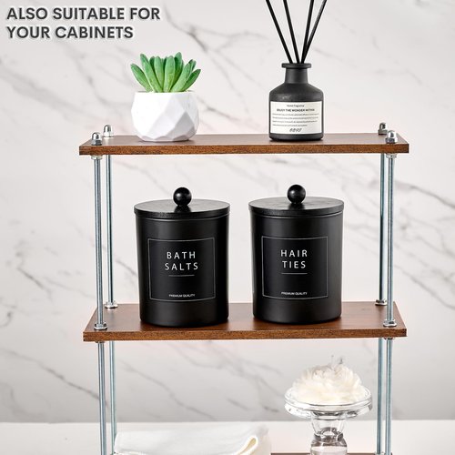 Glass Qtip Holder for Bathroom, Black Cotton Round Holder Swab Pad Dispenser with Lids, Floss Pick Holder with Bamboo Tray, Apothecary Jars with Scoop, Set of 3