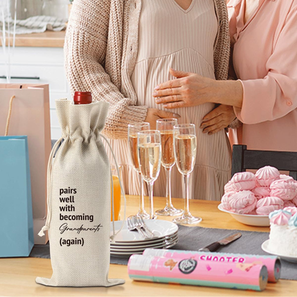 XCVXZCSDAF Pairs Well With Becoming Grandparents Again Pregnancy Announcement Wine Bag Baby Announcement Gifts for Grandparents Grandma Grandpa