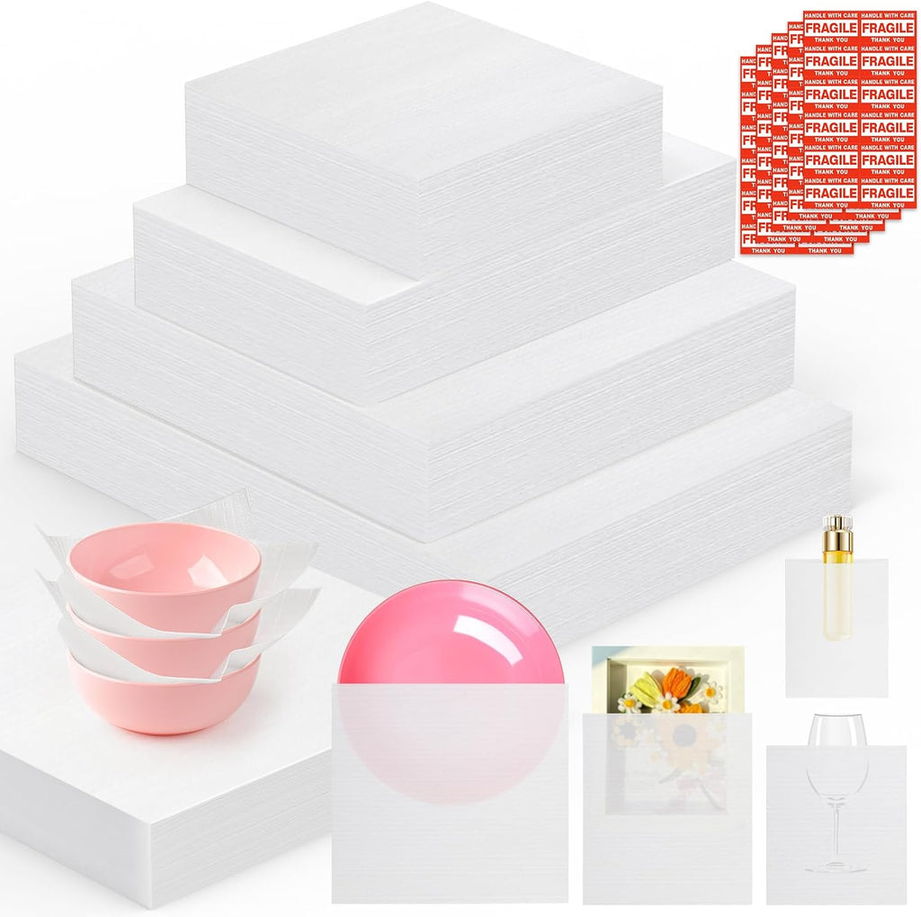 Regine Switzerland Dish Packing Supplies - 560 Pcs High-Density Foam Wrap Pouches & Sheets | 4 Sizes with Fragile Stickers