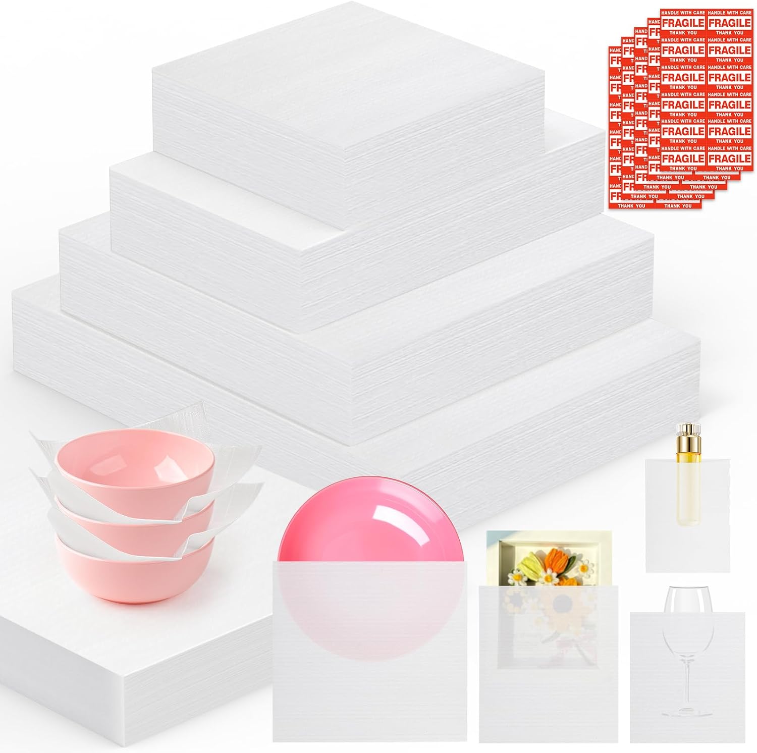 Regine Switzerland Dish Packing Supplies - 560 Pcs High-Density Foam Wrap Pouches & Sheets | 4 Sizes with Fragile Stickers