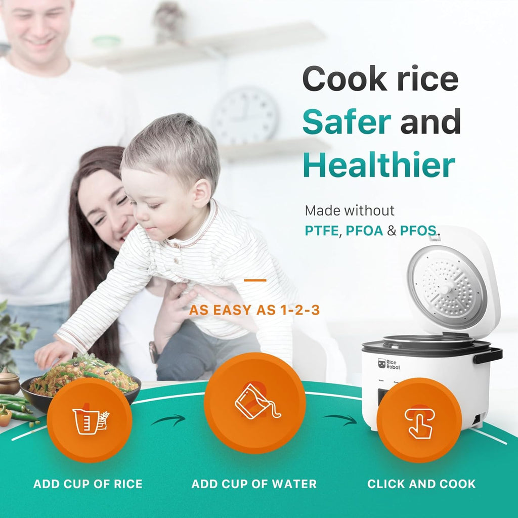 Rice Robot Rice Cooker - Family Size 4 Cup Uncooked (8 Cups Cooked) | PFAS-Free Ceramic Nonstick with Steamer Tray