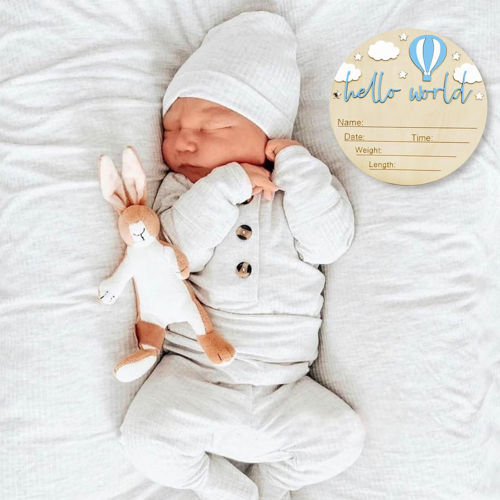 Skiennix Baby Announcement Sign - 5.9 Inch Wooden Hello World Newborn Sign with Pen | Hot Air Balloon & Cloud Design (Blue)