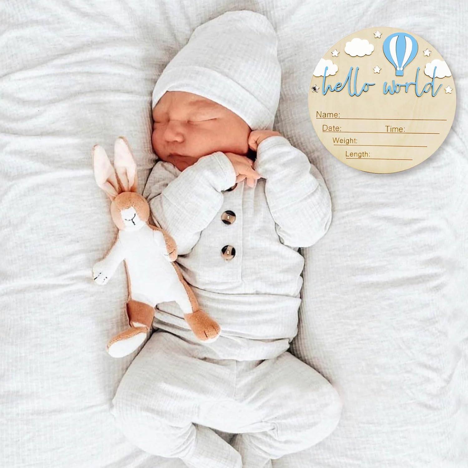 Skiennix Baby Announcement Sign - 5.9 Inch Wooden Hello World Newborn Sign with Pen | Hot Air Balloon & Cloud Design (Blue)