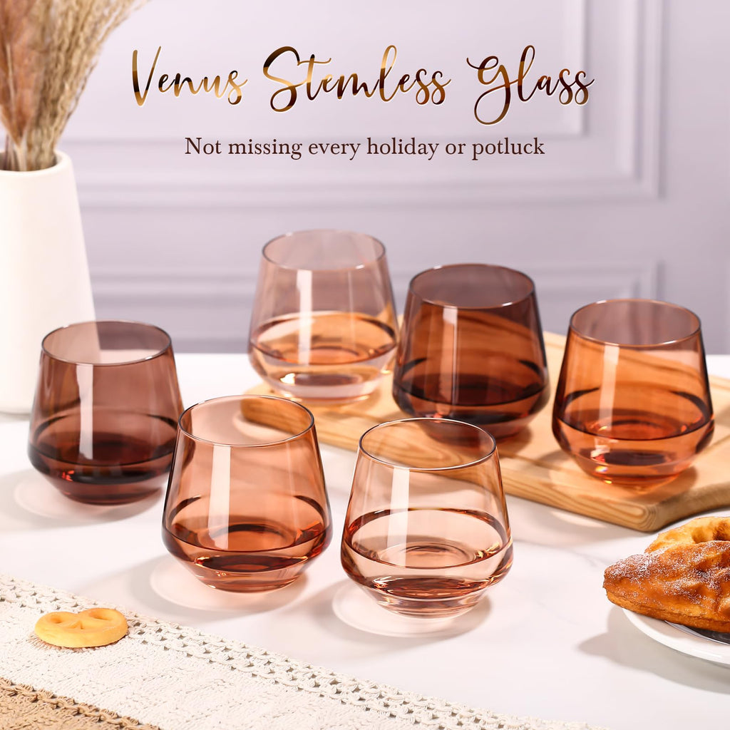 CLUSIVC Venus Stemless Wine Glass Set of 6-14oz Wine Glasses, Stemless Drinking Glasses for Wine, Cocktails & Beverages - Elegant Glassware for Home, Bar & Holiday Use