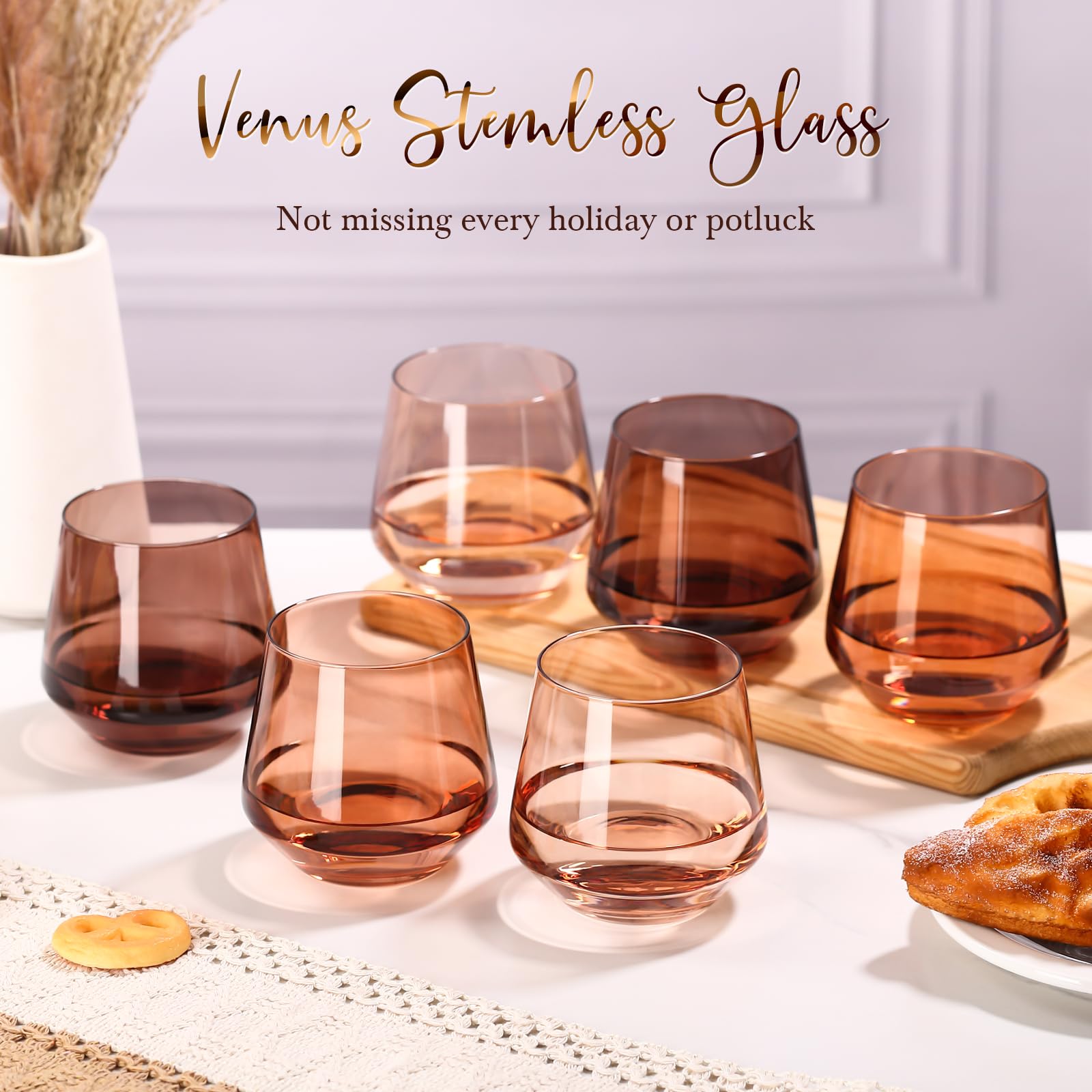 CLUSIVC Venus Stemless Wine Glass Set of 6-14oz Wine Glasses, Stemless Drinking Glasses for Wine, Cocktails & Beverages - Elegant Glassware for Home, Bar & Holiday Use
