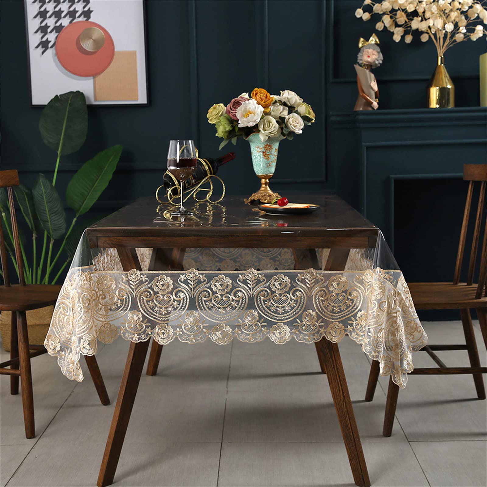 Clear Plastic Waterproof Tablecloth, Vinyl PVC Rectangle Table Cloth with Lace Macrame, Oil Spill Proof, Table Cover for Dining Tables, Parties and Holidays (Champagne, 60 x 106 Inch)