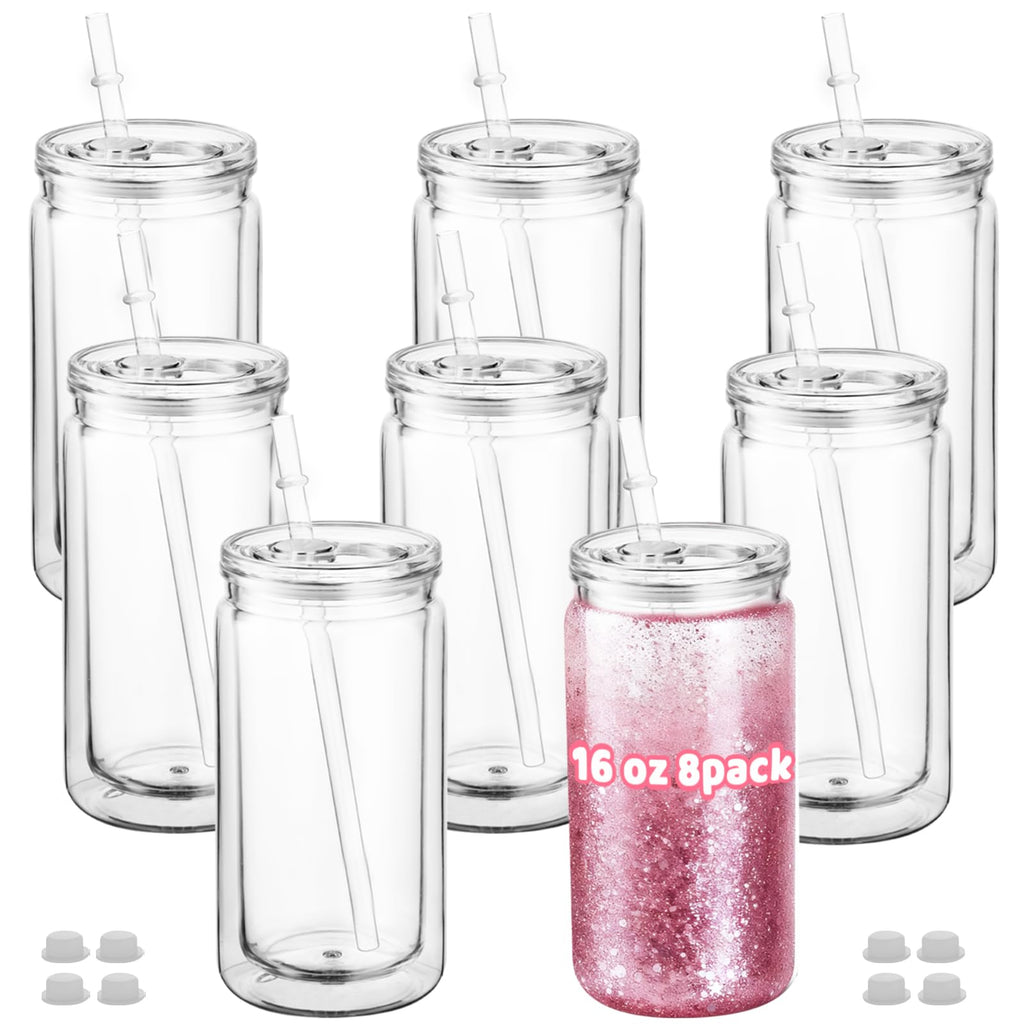 Cuguords 8 Pack 16oz Snow Globe Tumblers with Lids, Straws & Plugs, Double Wall Acrylic Plastic Snowglobe Cups, Pre-Drilled Hole DIY Glitter Tumbler Supplies, Bulk Clear Globe Cups for Party Favors