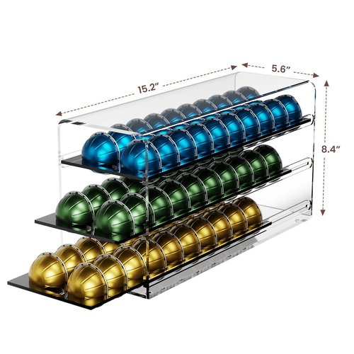 Acrylic Coffee Pod Drawer for Nespresso Vertuo Capsules, 3 Tier 60 Capacity Pods Organizer for Countertop Coffee Bar Home Office Kitchen