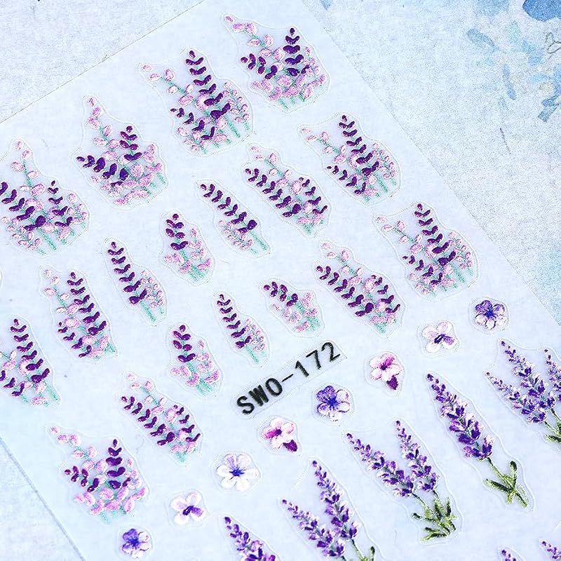 Guroenky 5D Embossed Lavender Nail Art Stickers Self-Adhesive Floral Decals