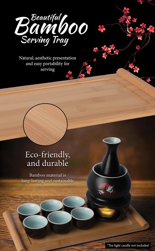 Japanese Sake Cup Set with 6 Ceramic Cups, 1 Ceramic Sake Bottle, 1 Ceramic Sake Warmer, Bamboo Tray, and Cloth Carrying Case - Perfect Hot Sake Set for Authentic Japanese Experience