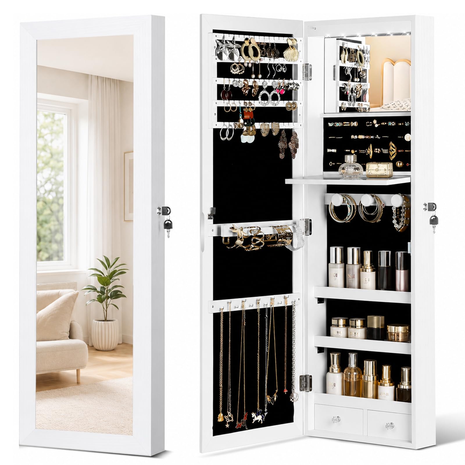 JOYUSAEN Over the Door Jewelry Organizer, Wall Mounted Jewelry Cabinet, Hanging Mirror with Storage Box, Wall/Door Mounted Full Length Mirror with LED