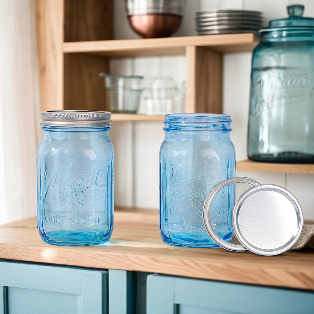 WELLIFE Wide Mouth Mason Jars,6 Pack Blue Mason Jars 32 OZ,Mason Jar for Decor Canning & DIY Crafts,Food Storage,Fermenting,Pickling,Meal Prep