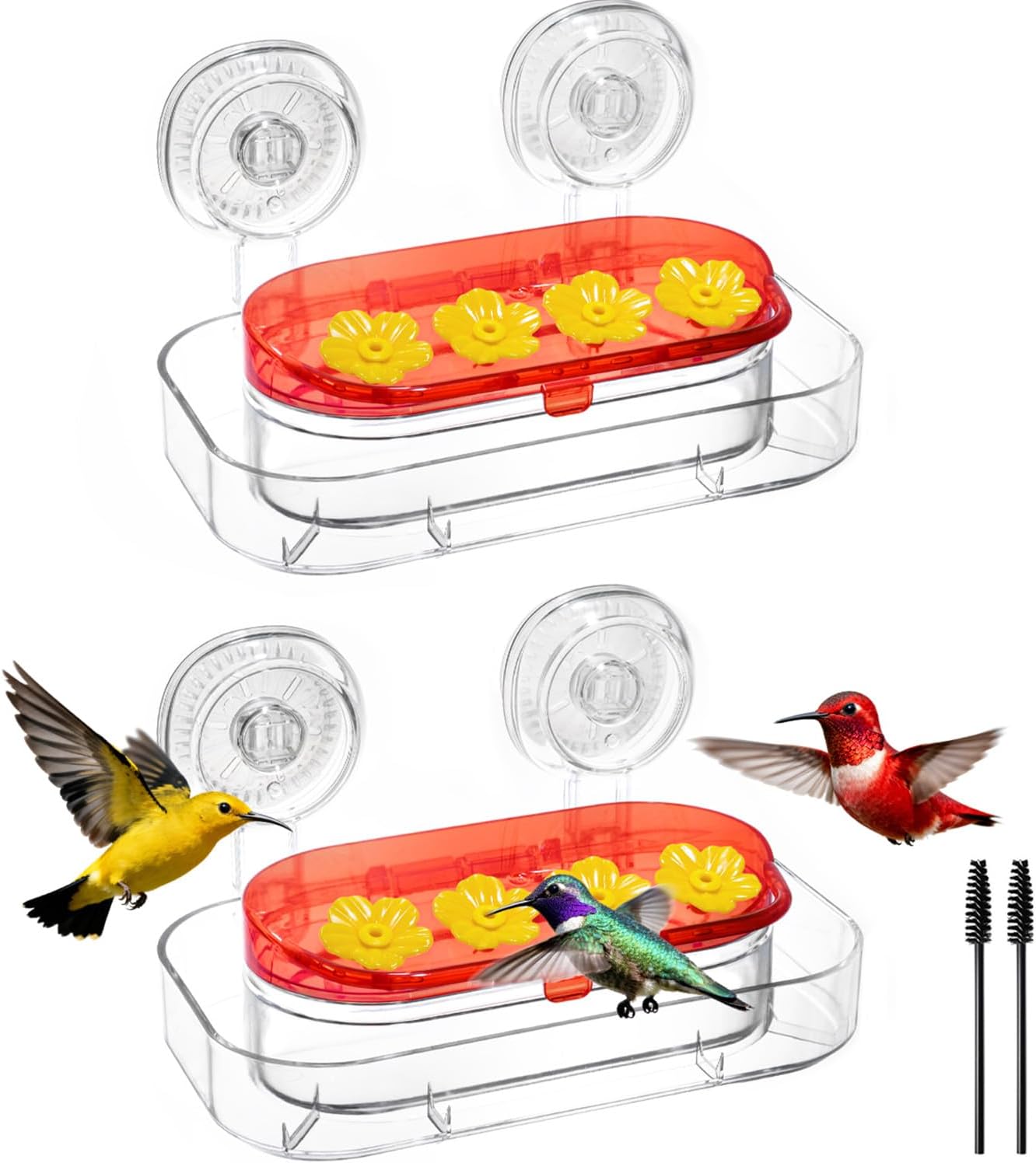 Redboat Hummingbird Feeder - 2 Pack with Strong Suction Cups & 4 Feeding Ports | Easy Clean 10oz