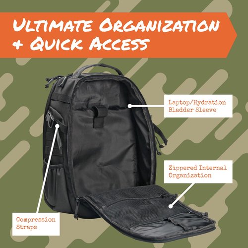 14er Tactical Backpack | 35L Capacity Military, 3-Day Bug Out Army | MOLLE Backpack Compatible PALS | Rucking EDC Hiking Survival, Black Tactical Backpack for Men